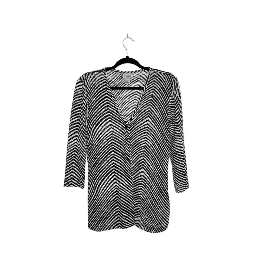 Chico’s Cardigan Black & White Striped Button Thin Semi-sheer 0 Small Women’s